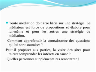 Toute médiation doit être bâtie sur une stratégie. Le
médiateur est force de propositions et élabore pour
lui-même et pour les autres une stratégie de
médiation.
Comment approfondir la connaissance des questions
qui lui sont soumises ?
Peut-il proposer aux parties, la visite des sites pour
mieux comprendre les intérêts en cause ?
Quelles personnes supplémentaires rencontrer ?
 
