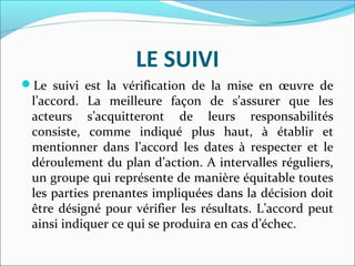 LE SUIVI
Le suivi est la vérification de la mise en œuvre de
l’accord. La meilleure façon de s’assurer que les
acteurs s’acquitteront de leurs responsabilités
consiste, comme indiqué plus haut, à établir et
mentionner dans l’accord les dates à respecter et le
déroulement du plan d’action. A intervalles réguliers,
un groupe qui représente de manière équitable toutes
les parties prenantes impliquées dans la décision doit
être désigné pour vérifier les résultats. L’accord peut
ainsi indiquer ce qui se produira en cas d’échec.
 