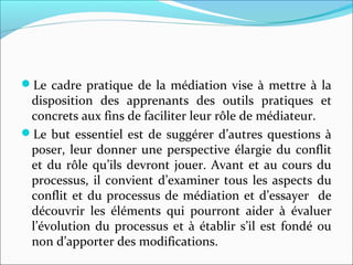 Le cadre pratique de la médiation vise à mettre à la
disposition des apprenants des outils pratiques et
concrets aux fins de faciliter leur rôle de médiateur.
Le but essentiel est de suggérer d’autres questions à
poser, leur donner une perspective élargie du conflit
et du rôle qu’ils devront jouer. Avant et au cours du
processus, il convient d’examiner tous les aspects du
conflit et du processus de médiation et d’essayer de
découvrir les éléments qui pourront aider à évaluer
l’évolution du processus et à établir s’il est fondé ou
non d’apporter des modifications.
 