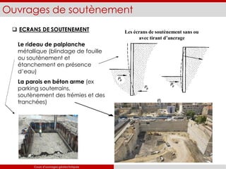 Ouvrages de soutènement
 ECRANS DE SOUTENEMENT
Le rideau de palplanche
métallique (blindage de fouille
ou soutènement et
étanchement en présence
d’eau)
La parois en béton arme (ex
parking souterrains,
soutènement des trémies et des
tranchées)
Les écrans de soutènement sans ou
avec tirant d’ancrage
Cours d’ouvrages géotechniques
 