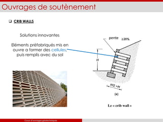 Ouvrages de soutènement
 CRIB WALLS
pente
Solutions innovantes
Eléments préfabriqués mis en
ouvre a former des cellules,
puis remplis avec du sol
Le « crib wall »
Cours d’ouvrages géotechniques
 
