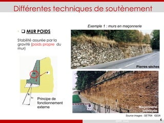 Différentes techniques de soutènement
ENTPE Cours
 MUR POIDS
Principe de
fonctionnement
externe
Stabilité assurée par la
gravité (poids propre du
mur)
Exemple 1 : murs en maçonnerie
Pierres sèches
Maçonnerie
jointoyée
Source images : SETRA IQOA
6
 