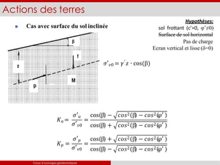  Cas avec surface du sol inclinée
Actions des terres

W
𝜎′𝑣0 = 𝛾′𝑧 ∙ cos()
σ’vo
𝐾𝑎 =
𝜎′𝑎
𝜎′𝑣0
=
cos  − 𝑐𝑜𝑠2  − 𝑐𝑜𝑠2 𝜑′
cos  + 𝑐𝑜𝑠2  − 𝑐𝑜𝑠2 𝜑′
𝐾𝑝 =
𝜎′𝑝
𝜎′𝑣0
=
cos  + 𝑐𝑜𝑠2  − 𝑐𝑜𝑠2 𝜑′
cos  − 𝑐𝑜𝑠2  − 𝑐𝑜𝑠2 𝜑′
Cours d’ouvrages géotechniques
Hypothèses:
sol frottant (c’=0, φ’≠0)
Surface de sol horizontal
Pas de charge
Ecran vertical et lisse (δ=0)
 