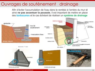 Ouvrages de soutènement drainage
Afin d’éviter l’accumulation de l’eau dans le remblai à l’arrière du mur et
ainsi ne pas accentuer la poussée, il est important de mettre en place
des barbacanes et le cas échéant de réaliser un système de drainage
barbacanes
8
Cours d’ouvrages géotechniques
 