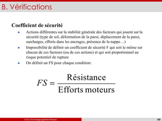 Cours d’ouvrages géotechniques
B. Vérifications
44
Efforts moteurs
Résistance
FS 
Coefficient de sécurité
 Actions différentes sur la stabilité générale des facteurs qui jouent sur la
sécurité (type de sol, déformation de la paroi, déplacement de la paroi,
surcharges, efforts dans les ancrages, présence de la nappe…)
 Impossibilité de définir un coefficient de sécurité F qui soit le même sur
chacun de ces facteurs (ou de ces actions) et qui soit proportionnel au
risque potentiel de rupture
 On définit un FS pour chaque condition:
 