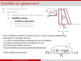  Prédimensionnement
 Vérifications
 Stabilité globale (voir Fellenius, Bishop)
 Stabilité externe
 Stabilité au glissement
 Stabilité au renversement
 Stabilité au poinçonnement
Stabilité au glissement
Cette vérification consiste à s’assurer qu’il n’y a pas de risque de déplacement
horizontal de l’ensemble. On note :
• c et  les caractéristiques mécaniques du sol de fondation
• δs angle de frottement entre la fondation et le sol
• N la somme des efforts verticaux
• PH la résultante de poussée projetéehorizontalement
• FS le coefficient de sécurité 1,5
Ph
FS 
c'B  Ntgs
Pa
Ph
Pv
W
N
B
δ
f
f
Cours d’ouvrages géotechniques
 