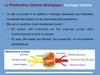 La Planification Urbaine Stratégique : Ecologie Urbaine
• La ville ne produit ni la matière ni l’énergie nécessaire pour satisfaire
l’ensemble des besoins et des demandes des populations.
• Elle est un système vivant doublement ouvert:
• En amont, elle s’alimente en flux externes puisés dans
l’environnement proche ou lointain,
• En aval, elle rejette ses déchets, ses nuisances, sur les territoires
périphériques.
 