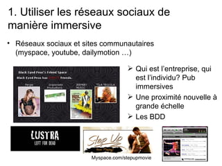 <ul><li>Réseaux sociaux et sites communautaires (myspace, youtube, dailymotion …) </li></ul>1. Utiliser les réseaux sociau...