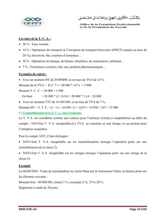 DRIF/CDC-GC Page 10 /153
Les taux de la T. V. A. :
 20 % : Taux normal ;
 14 % : Opérations de transport (à l’exception du transport ferroviaire (ONCF) soumis au taux de
20 %), électricité, thé, courtiers d’assurance…
 10 % : Opérations de banque, de bourse, hôtelières, de restauration, carburant…
 7 % : Fournitures scolaires, lait, eau, produits pharmaceutiques…
Exemples de calcul :
 Avec un montant HT de 20 000DH, et un taux de TVA de 14 %.
Montant de la TVA = H.T. * t = 20 000 * 14 % = 2 800
Montant T. C. C. = 20 000 + 2 800
Ou bien = 20 000 * (1+ 0,14) = 20 000 * 1,14 = 28 000
 Avec un montant TTC de 16 050 DH, et un taux de TVA de 7 %.
Montant HT = T. T. C. / (1 + t) = 16 050 / (1 + 0,07) = 16 050 / 1,07 = 15 000
C) Comptabilisation de la T. V. A. chez l’acheteur:
La T. V.A. est considérée comme une créance pour l’acheteur (client) à comptabiliser au débit du
compte : 3455-Etat T. V.A. récupérable.(La TVA ne constitue ni une charge, ni un produit pour
l’entreprise assujettie).
Pour le compte 3455, il faut distinguer :
 34551-Etat T. V.A. récupérable sur les immobilisations (lorsque l’opération porte sur une
immobilisation de la classe 2).
 34552-Etat T. V.A. récupérable sur les charges (lorsque l’opération porte sur une charge de la
classe 6).
Exemple
Le 06/09/2020 : Vente de marchandises au client Omar par le fournisseur Salim, la facture porte sur
les éléments suivants :
Montant brut : 80 000 DH, remise 5 %, escompte 2 %, TVA 20 %.
Règlement à crédit de 30 jours.
 