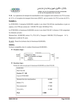 DRIF/CDC-GC Page 18 /153
N. B. : Les opérations de transport de marchandises et de voyageurs sont soumises à la TVA au taux
de 14 %, à l’exception du transport ferroviaire (ONCF) qui est soumis à la TVA au taux de 20 %.
Exemple 1 :
Le 05/08/2020, L’entreprise KARAMA expédie à son client FALAH des marchandises et paie en
espèces, à la CTM une somme de 1 140 DH TTC dont 140 DH de TVA.
Le 07/08/2020, le fournisseur KARAMA envoie à son client FALAH la facture n°168 comportant
les éléments suivants :
Montant brut : 60 000 DH, remise 5 %, TVA 20 %, Transport 1 000 DH, TVA/Transport 14 %.
Règlement à crédit de 30 jours.
T. A. F. : Passer les écritures chez le fournisseur KARAMA.
Solution :
Ecritures comptables chez le vendeur (fournisseur) KARAMA :
 Première étape :
 Deuxième étape :
Facture de vente envoyée par le fournisseur KARAMA au client FALAH.
KARAMA
Doit FALAH
Facture N° 168
Casa le 07/08/2020
Montant brut des marchandises
Rabais 5 %
Net commercial
TVA 20 %
Port
60 000
3 000
57 000
11 400
1 000
 