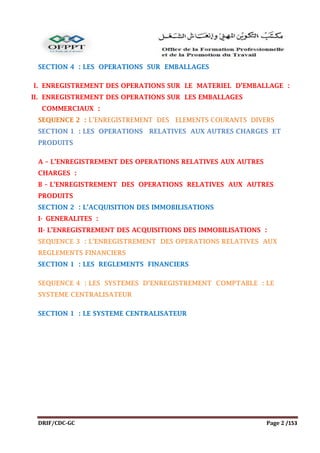 DRIF/CDC-GC Page 2 /153
SECTION 4 : LES OPERATIONS SUR EMBALLAGES
I. ENREGISTREMENT DES OPERATIONS SUR LE MATERIEL D’EMBALLAGE :
II. ENREGISTREMENT DES OPERATIONS SUR LES EMBALLAGES
COMMERCIAUX :
SEQUENCE 2 : L’ENREGISTREMENT DES ELEMENTS COURANTS DIVERS
SECTION 1 : LES OPERATIONS RELATIVES AUX AUTRES CHARGES ET
PRODUITS
A – L’ENREGISTREMENT DES OPERATIONS RELATIVES AUX AUTRES
CHARGES :
B – L’ENREGISTREMENT DES OPERATIONS RELATIVES AUX AUTRES
PRODUITS
SECTION 2 : L’ACQUISITION DES IMMOBILISATIONS
I- GENERALITES :
II- L’ENREGISTREMENT DES ACQUISITIONS DES IMMOBILISATIONS :
SEQUENCE 3 : L’ENREGISTREMENT DES OPERATIONS RELATIVES AUX
REGLEMENTS FINANCIERS
SECTION 1 : LES REGLEMENTS FINANCIERS
SEQUENCE 4 : LES SYSTEMES D’ENREGISTREMENT COMPTABLE : LE
SYSTEME CENTRALISATEUR
SECTION 1 : LE SYSTEME CENTRALISATEUR
 