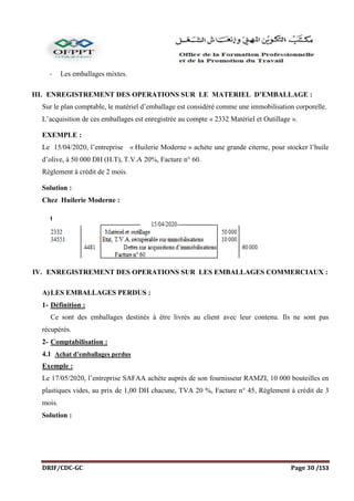 DRIF/CDC-GC Page 30 /153
- Les emballages mixtes.
III. ENREGISTREMENT DES OPERATIONS SUR LE MATERIEL D’EMBALLAGE :
Sur le plan comptable, le matériel d’emballage est considéré comme une immobilisation corporelle.
L’acquisition de ces emballages est enregistrée au compte « 2332 Matériel et Outillage ».
EXEMPLE :
Le 15/04/2020, l’entreprise « Huilerie Moderne » achète une grande citerne, pour stocker l’huile
d’olive, à 50 000 DH (H.T), T.V.A 20%, Facture n° 60.
Règlement à crédit de 2 mois.
Solution :
Chez Huilerie Moderne :
IV. ENREGISTREMENT DES OPERATIONS SUR LES EMBALLAGES COMMERCIAUX :
A)LES EMBALLAGES PERDUS :
1- Définition :
Ce sont des emballages destinés à être livrés au client avec leur contenu. Ils ne sont pas
récupérés.
2- Comptabilisation :
4.1 Achat d’emballages perdus
Exemple :
Le 17/05/2020, l’entreprise SAFAA achète auprès de son fournisseur RAMZI, 10 000 bouteilles en
plastiques vides, au prix de 1,00 DH chacune, TVA 20 %, Facture n° 45, Règlement à crédit de 3
mois.
Solution :
 