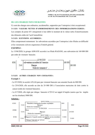 DRIF/CDC-GC Page 49 /153
III- LES CHARGES NON COURANTES
Ce sont des charges non ordinaires, accidentelles, supportées par l’entreprise à titre exceptionnel.
3-1 LES VALEURS NETTES D’AMORTISSEMENTS DES IMMOBILISATIONS CEDEES :
Les comptes du poste 651 enregistrent à leur débit le montant de la valeur nette d’amortissements
des éléments cédés de l’actif immobilisé.
3-2 LES SUENTIONS ACCORDEES :
Elles comprennent notamment les subventions accordées par l’entreprise à des filiales en difficulté
et les versements à divers organismes d’intérêt général.
EXEMPLE :
Le 15/06/2020, le groupe ASWATE accorde à sa filiale RAZANE, une subvention de 160 000 DH
par ordre de virement bancaire.
3-3 LES AUTRES CHARGES NON COURANTES :
Exemple 1 :
- Le 9/5/2020, la société ATLAS paie par virement bancaire une amende fiscale de 800 DH.
- Le 25/6/2020, elle accorde un don de 24 000 DH à l’association marocaine de lutte contre le
cancer (ordre de virement bancaire).
- Le 8/7/2020, elle règle par chèque bancaire n°25112 un rappel d’impôts (autres que les impôts
sur les résultats) 3000 DH.
Solution :
 