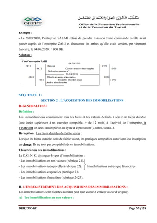 DRIF/CDC-GC Page 55 /153
Exemple :
- Le 20/09/2020, l’entreprise SALAH refuse de prendre livraison d’une commande qu’elle avait
passée auprès de l’entreprise ZAHI et abandonne les arrhes qu’elle avait versées, par virement
bancaire, le 04/09/2020 : 1 000 DH.
Solution :
SEQUENCE 3 :
SECTION 2 : L’ACQUISITION DES IMMOBILISATIONS
II-GENERALITES :
Définition :
Les immobilisations comprennent tous les biens et les valeurs destinés à servir de façon durable
(une durée supérieure à un exercice comptable, + de 12 mois) à l’activité de l’entreprise, à
l’exclusion de ceux faisant partie du cycle d’exploitation (Clients, stocks..).
Dérogation : Les biens durables de faible valeur :
Lorsque les biens durables sont de faible valeur, les pratiques comptables autorisent leur inscription
en charge. Ils ne sont pas comptabilisés en immobilisations.
Classification des immobilisations :
Le C. G. N. C. distingue 4 types d’immobilisations :
- Les immobilisations en non-valeurs (rubrique 21).
- Les immobilisations incorporelles (rubrique 22). Immobilisations autres que financières
- Les immobilisations corporelles (rubrique 23).
- Les immobilisations financières (rubrique 24/25).
II- L’ENREGISTREMENT DES ACQUISITIONS DES IMMOBILISATIONS :
Les immobilisations sont inscrites au bilan pour leur valeur d’entrée (valeur d’origine).
A) Les immobilisations en non valeurs :
 