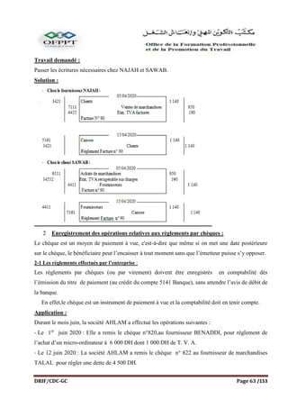 DRIF/CDC-GC Page 63 /153
Travail demandé :
Passer les écritures nécessaires chez NAJAH et SAWAB.
Solution :
2 Enregistrement des opérations relatives aux règlements par chèques :
Le chèque est un moyen de paiement à vue, c'est-à-dire que même si on met une date postérieure
sur le chèque, le bénéficiaire peut l’encaisser à tout moment sans que l’émetteur puisse s’y opposer.
2-1 Les règlements effectués par l’entreprise :
Les règlements par chèques (ou par virement) doivent être enregistrés en comptabilité dès
l’émission du titre de paiement (au crédit du compte 5141 Banque), sans attendre l’avis de débit de
la banque.
En effet,le chèque est un instrument de paiement à vue et la comptabilité doit en tenir compte.
Application :
Durant le mois juin, la société AHLAM a effectué les opérations suivantes :
- Le 1er
juin 2020 : Elle a remis le chèque n°820,au fournisseur BENADDI, pour règlement de
l’achat d’un micro-ordinateur à 6 000 DH dont 1 000 DH de T. V. A.
- Le 12 juin 2020 : La société AHLAM a remis le chèque n° 822 au fournisseur de marchandises
TALAL pour régler une dette de 4 500 DH.
 