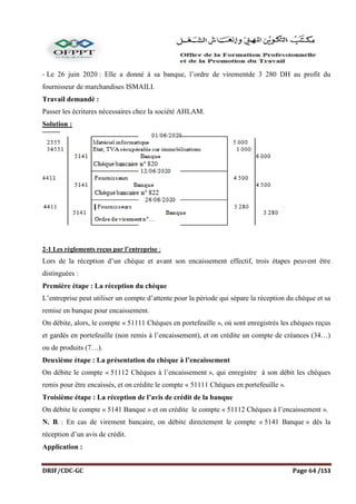 DRIF/CDC-GC Page 64 /153
- Le 26 juin 2020 : Elle a donné à sa banque, l’ordre de virementde 3 280 DH au profit du
fournisseur de marchandises ISMAILI.
Travail demandé :
Passer les écritures nécessaires chez la société AHLAM.
Solution :
2-1 Les règlements reçus par l’entreprise :
Lors de la réception d’un chèque et avant son encaissement effectif, trois étapes peuvent être
distinguées :
Première étape : La réception du chèque
L’entreprise peut utiliser un compte d’attente pour la période qui sépare la réception du chèque et sa
remise en banque pour encaissement.
On débite, alors, le compte « 51111 Chèques en portefeuille », où sont enregistrés les chèques reçus
et gardés en portefeuille (non remis à l’encaissement), et on crédite un compte de créances (34…)
ou de produits (7…).
Deuxième étape : La présentation du chèque à l’encaissement
On débite le compte « 51112 Chèques à l’encaissement », qui enregistre à son débit les chèques
remis pour être encaissés, et on crédite le compte « 51111 Chèques en portefeuille ».
Troisième étape : La réception de l’avis de crédit de la banque
On débite le compte « 5141 Banque » et on crédite le compte « 51112 Chèques à l’encaissement ».
N. B. : En cas de virement bancaire, on débite directement le compte « 5141 Banque » dès la
réception d’un avis de crédit.
Application :
 