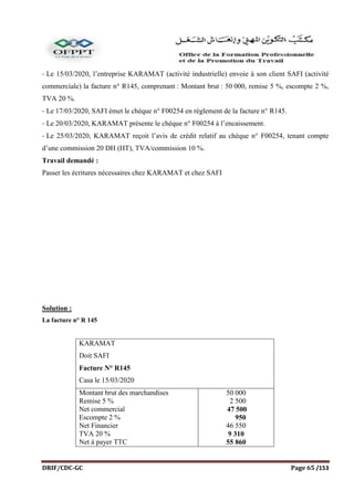 DRIF/CDC-GC Page 65 /153
- Le 15/03/2020, l’entreprise KARAMAT (activité industrielle) envoie à son client SAFI (activité
commerciale) la facture n° R145, comprenant : Montant brut : 50 000, remise 5 %, escompte 2 %,
TVA 20 %.
- Le 17/03/2020, SAFI émet le chèque n° F00254 en règlement de la facture n° R145.
- Le 20/03/2020, KARAMAT présente le chèque n° F00254 à l’encaissement.
- Le 25/03/2020, KARAMAT reçoit l’avis de crédit relatif au chèque n° F00254, tenant compte
d’une commission 20 DH (HT), TVA/commission 10 %.
Travail demandé :
Passer les écritures nécessaires chez KARAMAT et chez SAFI
Solution :
La facture n° R 145
KARAMAT
Doit SAFI
Facture N° R145
Casa le 15/03/2020
Montant brut des marchandises
Remise 5 %
Net commercial
Escompte 2 %
Net Financier
TVA 20 %
Net à payer TTC
50 000
2 500
47 500
950
46 550
9 310
55 860
 