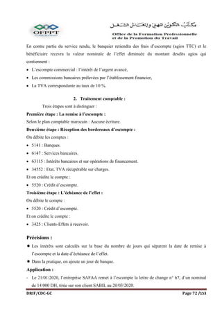 DRIF/CDC-GC Page 72 /153
En contre partie du service rendu, le banquier retiendra des frais d’escompte (agios TTC) et le
bénéficiaire recevra la valeur nominale de l’effet diminuée du montant desdits agios qui
contiennent :
 L’escompte commercial : l’intérêt de l’argent avancé,
 Les commissions bancaires prélevées par l’établissement financier,
 La TVA correspondante au taux de 10 %.
2. Traitement comptable :
Trois étapes sont à distinguer :
Première étape : La remise à l’escompte :
Selon le plan comptable marocain : Aucune écriture.
Deuxième étape : Réception des bordereaux d’escompte :
On débite les comptes :
 5141 : Banques.
 6147 : Services bancaires.
 63115 : Intérêts bancaires et sur opérations de financement.
 34552 : Etat, TVA récupérable sur charges.
Et on crédite le compte :
 5520 : Crédit d’escompte.
Troisième étape : L’échéance de l’effet :
On débite le compte :
 5520 : Crédit d’escompte.
Et on crédite le compte :
 3425 : Clients-Effets à recevoir.
Précisions :
 Les intérêts sont calculés sur la base du nombre de jours qui séparent la date de remise à
l’escompte et la date d’échéance de l’effet.
 Dans la pratique, on ajoute un jour de banque.
Application :
- Le 21/01/2020, l’entreprise SAFAA remet à l’escompte la lettre de change n° 67, d’un nominal
de 14 000 DH, tirée sur son client SABIL au 20/03/2020.
 