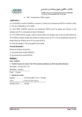 DRIF/CDC-GC Page 77 /153
 4415 : Fournisseurs, Effets à payer.
Application :
Le 16/10/2020, la société SAKINA a souscrit à l’ordre de son fournisseur RITAJ un billet à ordre
n° 147, de 15 000 DH au 15/11/2020.
Le 10/11/2020, SAKINA prévient son fournisseur RITAJ qu’il ne pourra pas honorer à son
échéance du 15/11 et demande un report d’échéance.
Le 15/11/2020, RITAJ accepte, annule l’ancien effet et le remplace par un nouvel effet échéant le
18/12/2020 en tenant compte des intérêts de retard au taux de 10 %, de la récupération du prix du
timbre fiscal de 30 DH et de la TVA au taux de 20 %.
La lettre de change n° 70 est acceptée le jour même.
Travail demandé :
Passer les écritures nécessaires :
1) Au journal de la société SAKINA.
2) Au journal de la société RITAJ.
Solution :
Chez SAKINA
 Nombre de jours de retard : Du 15/11 (ancienne échéance) au 18/12 (nouvelle échéance).
Novembre : 15 jours (30 –15)
Décembre : 18 jours
Total : 33 jours
 Intérêts de retard :
Intérêts …………… 137,50 (15 000 * 10 % * 33/360)
TVA……………… 27,50 (137,50 * 20 %)
Intérêts (TTC) …… 165,00
 