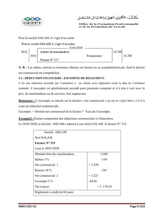 DRIF/CDC-GC Page 8 /153
Pour la société SALAM, il s’agit d‘un achat :
N. B. : Les rabais, remises et ristournes obtenus sur facture ne se comptabilisent pas. Seul le dernier
net commercial est comptabilisé.
2-2 : RÉDUCTION FINANCIERE : ESCOMPTE DE REGLEMENT.
C’est une réduction accordée par l’entreprise à ses clients pour règlement avant la date de l’échéance
normale. L’escompte est généralement accordé pour paiement comptant et n’a rien à voir avec le
prix, de marchandises ou de services, fixé auparavant.
Remarque : L’escompte se calcule sur le dernier « net commercial » ou sur le « prix brut » s’il n’y
a pas de réduction commerciale.
Escompte = Dernier net commercial de la facture * Taux de l’escompte.
Exemple2 :Facture comportant des réductions commerciales et financières.
Le 30/07/2020, la Société AHLAM a adressé à son client SALAM la facture N° 315.
Société AHLAM
Doit SALAM
Facture N° 315
Casa le 30/07/2020
Montant brut des marchandises
Rabais 5 %
Net commercial 1
Remise 10 %
Net commercial 2
Escompte 2 %
Net à payer
2 600
-130
= 2 470
-247
= 2 223
-44,46
= 2 178,54
Règlement à crédit de 60 jours.
 