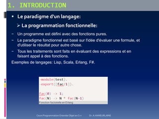  Le paradigme d'un langage:
 La programmation fonctionnelle:
− Un programme est défini avec des fonctions pures.
− Le paradigme fonctionnel est basé sur l'idée d'évaluer une formule, et
d'utiliser le résultat pour autre chose.
− Tous les traitements sont faits en évaluant des expressions et en
faisant appel à des fonctions.
Exemples de langages: Lisp, Scala, Erlang, F#.
Cours Programmation Orientée Objet en C++ Dr. A.HAMEURLAINE
 