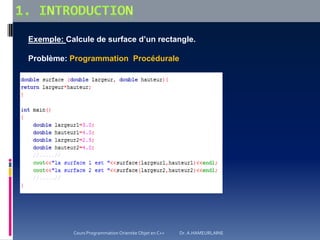 Exemple: Calcule de surface d’un rectangle.
Problème: Programmation Procédurale
Cours Programmation Orientée Objet en C++ Dr. A.HAMEURLAINE
 