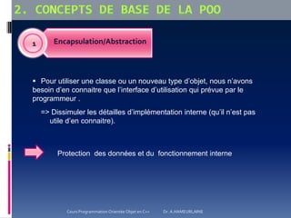 Encapsulation/Abstraction1
 Pour utiliser une classe ou un nouveau type d’objet, nous n’avons
besoin d’en connaitre que l’interface d’utilisation qui prévue par le
programmeur .
=> Dissimuler les détailles d’implémentation interne (qu’il n’est pas
utile d’en connaitre).
Protection des données et du fonctionnement interne
Cours Programmation Orientée Objet en C++ Dr. A.HAMEURLAINE
 