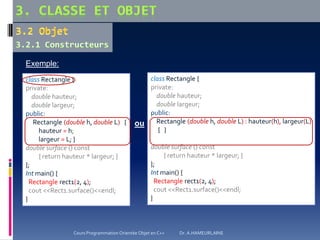 Exemple:
ou
class Rectangle {
private:
double hauteur;
double largeur;
public:
Rectangle (double h, double L) {
hauteur = h;
largeur = L; }
double surface () const
{ return hauteur * largeur; }
};
Int main() {
Rectangle rect1(2, 4);
cout <<Rect1.surface()<<endl;
}
class Rectangle {
private:
double hauteur;
double largeur;
public:
Rectangle (double h, double L) : hauteur(h), largeur(L)
{ }
double surface () const
{ return hauteur * largeur; }
};
Int main() {
Rectangle rect1(2, 4);
cout <<Rect1.surface()<<endl;
}
Cours Programmation Orientée Objet en C++ Dr. A.HAMEURLAINE
 