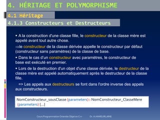  A la construction d'une classe fille, le constructeur de la classe mère est
appelé avant tout autre chose.
le constructeur de la classe dérivée appelle le constructeur par défaut
(constructeur sans paramètres) de la classe de base.
 Dans le cas d’un constructeur avec paramètres, le constructeur de
base est exécuté en premier.
 Lors de la destruction d'un objet d'une classe dérivée, le destructeur de la
classe mère est appelé automatiquement après le destructeur de la classe
fille.
=> Les appels aux destructeurs se font dans l'ordre inverse des appels
aux constructeurs.
NomConstructeur_sousClasse (parameters) : NomConstructeur_ClasseMere
(parameters) {...}
Cours Programmation Orientée Objet en C++ Dr. A.HAMEURLAINE
 