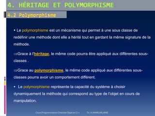  Le polymorphisme est un mécanisme qui permet à une sous classe de
redéfinir une méthode dont elle a hérité tout en gardant la même signature de la
méthode.
Grace à l'héritage, le même code pourra être appliqué aux différentes sous-
classes .
Grace au polymorphisme, le même code appliqué aux différentes sous-
classes pourra avoir un comportement différent.
 Le polymorphisme représente la capacité du système à choisir
dynamiquement la méthode qui correspond au type de l’objet en cours de
manipulation.
Cours Programmation Orientée Objet en C++ Dr. A.HAMEURLAINE
 