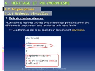  Méthode virtuelle et référence:
L’utilisation de méthodes virtuelles avec les références permet d’exprimer des
différences de comportement entre des classes de la même famille.
=> Ces différences sont ce qui engendre un comportement polymorphe.
classVehicule{
....
public:
virtual void afficher( );
….
};
…
void presenter(Vehicule &v )
// ou :
// void presenter(Vehicule const&v )
{ v.afficher ( ); }
Cours Programmation Orientée Objet en C++ Dr. A.HAMEURLAINE
 