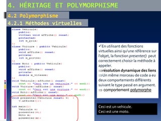 Ceci est un vehicule.
Ceci est une moto.
En utilisant des fonctions
virtuelles ainsi qu'une référence sur
l'objet, la fonction presenter() peut
correctement choisir la méthode à
appeler.
résolution dynamique des liens
Un même morceau de code a eu
deux comportements différents
suivant le type passé en argument.
 comportement polymorphe
 