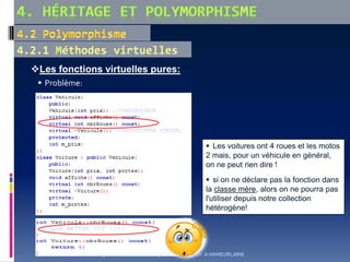 Les fonctions virtuelles pures:
 Problème:
 Les voitures ont 4 roues et les motos
2 mais, pour un véhicule en général,
on ne peut rien dire !
 si on ne déclare pas la fonction dans
la classe mère, alors on ne pourra pas
l'utiliser depuis notre collection
hétérogène!
Cours Programmation Orientée Objet en C++ Dr. A.HAMEURLAINE
 
