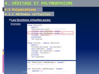 Les fonctions virtuelles pures:
Exemple:
Cours Programmation Orientée Objet en C++ Dr. A.HAMEURLAINE
 
