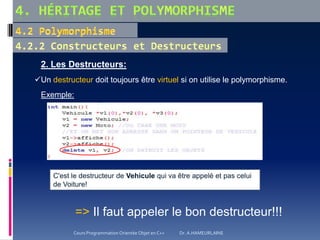 2. Les Destructeurs:
Un destructeur doit toujours être virtuel si on utilise le polymorphisme.
Exemple:
=> Il faut appeler le bon destructeur!!!
C'est le destructeur de Vehicule qui va être appelé et pas celui
de Voiture!
Cours Programmation Orientée Objet en C++ Dr. A.HAMEURLAINE
 