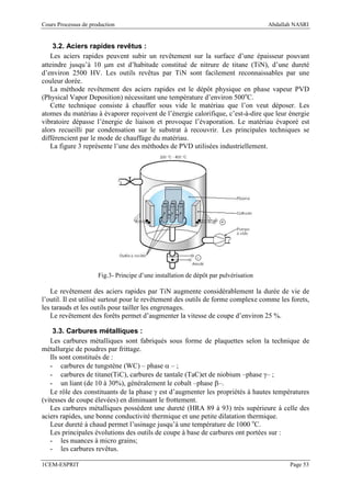 Cours Processus de production                                                         Abdallah NASRI


    3.2. Aciers rapides revêtus :
   Les aciers rapides peuvent subir un revêtement sur la surface d’une épaisseur pouvant
atteindre jusqu’à 10 µm est d’habitude constitué de nitrure de titane (TiN), d’une dureté
d’environ 2500 HV. Les outils revêtus par TiN sont facilement reconnaissables par une
couleur dorée.
   La méthode revêtement des aciers rapides est le dépôt physique en phase vapeur PVD
(Physical Vapor Deposition) nécessitant une température d’environ 500oC.
   Cette technique consiste à chauffer sous vide le matériau que l’on veut déposer. Les
atomes du matériau à évaporer reçoivent de l’énergie calorifique, c’est-à-dire que leur énergie
vibratoire dépasse l’énergie de liaison et provoque l’évaporation. Le matériau évaporé est
alors recueilli par condensation sur le substrat à recouvrir. Les principales techniques se
différencient par le mode de chauffage du matériau.
   La figure 3 représente l’une des méthodes de PVD utilisées industriellement.




                      Fig.3- Principe d’une installation de dépôt par pulvérisation

   Le revêtement des aciers rapides par TiN augmente considérablement la durée de vie de
l’outil. Il est utilisé surtout pour le revêtement des outils de forme complexe comme les forets,
les tarauds et les outils pour tailler les engrenages.
   Le revêtement des forêts permet d’augmenter la vitesse de coupe d’environ 25 %.

    3.3. Carbures métalliques :
   Les carbures métalliques sont fabriqués sous forme de plaquettes selon la technique de
métallurgie de poudres par frittage.
   Ils sont constitués de :
   - carbures de tungstène (WC) – phase α – ;
   - carbures de titane(TiC), carbures de tantale (TaC)et de niobium –phase γ– ;
   - un liant (de 10 à 30%), généralement le cobalt –phase β–.
   Le rôle des constituants de la phase γ est d’augmenter les propriétés à hautes températures
(vitesses de coupe élevées) en diminuant le frottement.
   Les carbures métalliques possèdent une dureté (HRA 89 à 93) très supérieure à celle des
aciers rapides, une bonne conductivité thermique et une petite dilatation thermique.
   Leur dureté à chaud permet l’usinage jusqu’à une température de 1000 oC.
   Les principales évolutions des outils de coupe à base de carbures ont portées sur :
   - les nuances à micro grains;
   - les carbures revêtus.

1CEM-ESPRIT                                                                                  Page 53
 