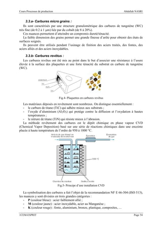 Cours Processus de production                                                  Abdallah NASRI


      3.3.a- Carbures micro grains :
   Ils sont caractérisés par une structure granulométrique des carbures de tungstène (WC)
très fine (de 0.2 à 1 µm) liée par du cobalt (de 8 à 20%).
   Ces nuances permettent d’atteindre un compromis dureté/ténacité.
   La faible dimension des grains permet une grande finesse d’arête pour obtenir des états de
surfaces soignés.
   Ils peuvent être utilisés pendant l’usinage de finition des aciers traités, des fontes, des
aciers alliés et des aciers inoxydables.

     3.3.b- Carbures revêtus :
   Les carbures revêtus ont été mis au point dans le but d’associer une résistance à l’usure
élevée à la surface des plaquettes et une forte ténacité du substrat en carbure de tungstène
(WC).




                                 Fig.4- Plaquettes en carbures revêtus

   Les matériaux déposés en revêtement sont nombreux. On distingue essentiellement :
   - le carbure de titane (TiC) qui adhère mieux aux substrats ;
   - l’oxyde d’aluminium (Al2O3) qui protège contre la diffusion et l’oxydation à hautes
       températures ;
   - le nitrure de titane (TiN) qui résiste mieux à l’abrasion.
   La méthode revêtement des carbures est le dépôt chimique en phase vapeur CVD
(Chemical Vapor Deposition) basé sur une série de réactions chimiques dans une enceinte
placée à haute température de l’ordre de 950 à 1000 °C.




                                Fig.5- Principe d’une installation CVD

   La symbolisation des carbures a fait l’objet de la recommandation NF E 66-304 (ISO 513),
les nuances y sont divisées en trois grandes catégories :
   - P (couleur bleue) : acier faiblement allié ;
   - M (couleur jaune) : acier inoxydable, acier au Manganèse ;
   - K (couleur rouge) : fonte, aluminium, bronze, plastique, composites, …

1CEM-ESPRIT                                                                            Page 54
 