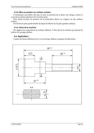 Cours Processus de production                                                    Abdallah NASRI


    4.3.d- Mise en position sur surfaces usinées:
   L’isostatisme sera défini afin que la mise en position de la pièce soit unique, surtout si
vous devez réaliser plusieurs fois la même pièce.
   Pour mettre la pièce en position sur le porte-pièce choisi, on s’appuie sur des surfaces
usinées.
   On élimine le plus grand nombre de degré de liberté sur les plus grandes surfaces.

    4.3.e- Choix de la machine:
   Par rapport aux associations de surfaces définies, il faut choisir la machine qui permet de
réaliser les usinages définis.

   4.4. Application :
   A partir du dessin définition de la vis de serrage, déduire la gamme de fabrication.




1CEM-ESPRIT                                                                               Page 64
 