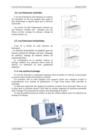 Cours Processus de production                                                 Abdallah NASRI


    2.2. Les fraiseuses verticales:

   L’axe de la broche de cette fraiseuse est vertical.
Sa conception en fait une machine plus rigide et
plus économique à capacité égale que la fraiseuse
universelle.
   Les travaux les plus fréquemment exécutés sur
une fraiseuse verticale sont : dressage avec des
fraises en bout, usinage de contours, usinage de
rainures droites, etc.


   2.3. Les fraiseuses horizontales:

   L’axe de la broche de cette fraiseuse est
horizontal.
  La fraiseuse horizontale est employé pour les
travaux courant de fraisage, tels que : dressage
de surfaces, usinage de rainures droites de
sections diverses.
   La configuration de la machine autorise le
fraisage combiné avec plusieurs fraises (train de
fraises). Le rendement est alors grandement
augmenté.

   2 .4. Les centres d’usinage:
   Ce sont des fraiseuses à commande numérique dont la broche est verticale ou horizontale
ou encore à deux broches horizontale et verticale.
   Ces machines sont en outre équipées d’un magasin d’outil avec changeur d’outils et
éventuellement d’un système de palettisation: Il s’agit d’une fausse table amovible et
indexable.
   La table peut également être équipée d’un plateau circulaire d’axe horizontal. Dans ce cas
la pièce peut se présenter devant l’outil dans un nombre important de positions permettant
ainsi l’usinage d’un maximum de surfaces sans démontage de la pièce.
   Ce type de machine permet de réaliser en plus des surfaces planes toutes les opérations de
perçage et d’alésage.




1CEM-ESPRIT                                                                           Page 74
 