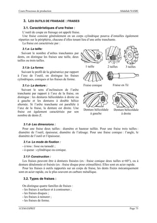 Cours Processus de production                                                      Abdallah NASRI


    3. LES OUTILS DE FRAISAGE : FRAISES

    3.1. Caractéristiques d’une fraise :
   L’outil de coupe en fraisage est appelé fraise.
   Une fraise consiste généralement en un corps cylindrique pourvu d’entailles également
réparties sur la périphérie, chacune d’elles tenant lieu d’une arête tranchante.
   La fraise est caractérisée par :
   3.1.a- La taille:
    Suivant le nombre d’arêtes tranchantes par
dents, on distingue les fraises une taille, deux
tailles ou trois tailles.

   3.1.b- La forme:                                   1 taille         2 tailles       3 tailles
   Suivant le profil de la génératrice par rapport
à l’axe de l’outil, on distingue les fraises
cylindriques, coniques et les fraises de forme.
   3.1.c- La denture :                               Fraise conique        Fraise en Té
   Suivant le sens d’inclinaison de l’arête
tranchante par rapport à l’axe de la fraise, on
distingue : les dentures hélicoïdales à droite ou
à gauche et les dentures à double hélice
alternée. Si l’arête tranchante est parallèle à
l’axe de la fraise, la denture est droite. Une
                                                     Denture hélicoïdale    Denture hélicoïdale
fraise est également caractérisée par son
                                                         à gauche                à droite
nombre de dents Z.

    3.1.d- Les dimensions :
   Pour une fraise deux tailles : diamètre et hauteur taillée. Pour une fraise trois tailles :
diamètre de l’outil, épaisseur, diamètre de l’alésage. Pour une fraise conique : l’angle, le
diamètre de l’outil et l’épaisseur.
    3.1.e- Le mode de fixation :
   - à trou : lisse ou taraudé ;
   - à queue : cylindrique ou conique.

    3.1.f- Construction :
   Les fraises peuvent être à dentures fraisées (ex : fraise conique deux tailles α=60°), ou à
denture détalonnée et fraisée (ex : fraise disque pour crémaillère). Elles sont en acier rapide.
   Pour les fraises à outils rapportés sur un corps de fraise, les dents fixées mécaniquement
sont en acier rapide, ou le plus souvent en carbure métallique.

    3.2. Types de fraises :

   On distingue quatre familles de fraises :
   - les fraises à surfacer et à contourner ;
   - les fraises disques ;
   - les fraises à rainurer ;
   - les fraises de forme.

1CEM-ESPRIT                                                                               Page 75
 