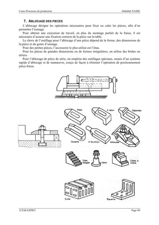 Cours Processus de production                                                Abdallah NASRI


    7. ABLOCAGE DES PIECES
   L’ablocage désigne les opérations nécessaires pour fixer ou caler les pièces, afin d’en
permettre l’usinage.
   Pour obtenir une exécution de travail, en plus du montage parfait de la fraise, il est
nécessaire d’assurer une fixation correcte de la pièce sur la table.
   Le choix de l’outillage pour l’ablocage d’une pièce dépend de la forme, des dimensions de
la pièce et du genre d’usinage.
   Pour des petites pièces, l’accessoire le plus utilisé est l’étau.
   Pour les pièces de grandes dimensions ou de formes irrégulières, on utilise des brides ou
étriers.
   Pour l’ablocage de pièce de série, on emploie des outillages spéciaux, munis d’un système
rapide d’ablocage et de manœuvre, conçu de façon à éliminer l’opération de positionnement
pièce-fraise.




1CEM-ESPRIT                                                                          Page 80
 