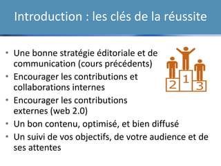 Introduction : les clés de la réussite
• Une bonne stratégie éditoriale et de
communication (cours précédents)
• Encourager les contributions et
collaborations internes
• Encourager les contributions
externes (web 2.0)
• Un bon contenu, optimisé, et bien diffusé
• Un suivi de vos objectifs, de votre audience et de
ses attentes
 