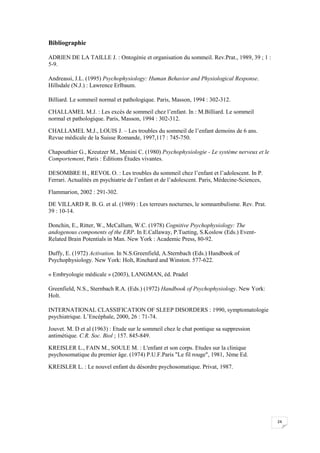 Bibliographie

ADRIEN DE LA TAILLE J. : Ontogénie et organisation du sommeil. Rev.Prat., 1989, 39 ; 1 :
5-9.

Andreassi, J.L. (1995) Psychophysiology: Human Behavior and Physiological Response.
Hillsdale (N.J.) : Lawrence Erlbaum.

Billiard. Le sommeil normal et pathologique. Paris, Masson, 1994 : 302-312.

CHALLAMEL M.J. : Les excès de sommeil chez l’enfant. In : M.Billiard. Le sommeil
normal et pathologique. Paris, Masson, 1994 : 302-312.

CHALLAMEL M.J., LOUIS J. – Les troubles du sommeil de l’enfant demoins de 6 ans.
Revue médicale de la Suisse Romande, 1997,117 : 745-750.

Chapouthier G., Kreutzer M., Menini C. (1980) Psychophysiologie - Le système nerveux et le
Comportement, Paris : Éditions Études vivantes.

DESOMBRE H., REVOL O. : Les troubles du sommeil chez l’enfant et l’adolescent. In P.
Ferrari. Actualités en psychiatrie de l’enfant et de l’adolescent. Paris, Médecine-Sciences,

Flammarion, 2002 : 291-302.

DE VILLARD R. B. G. et al. (1989) : Les terreurs nocturnes, le somnambulisme. Rev. Prat.
39 : 10-14.

Donchin, E., Ritter, W., McCallum, W.C. (1978) Cognitive Psychophysiology: The
andogenous components of the ERP. In E.Callaway, P.Tueting, S.Koslow (Eds.) Event-
Related Brain Potentials in Man. New York : Academic Press, 80-92.

Duffy, E. (1972) Activation. In N.S.Greenfield, A.Sternbach (Eds.) Handbook of
Psychophysiology. New York: Holt, Rinehard and Winston. 577-622.

« Embryologie médicale » (2003), LANGMAN, éd. Pradel

Greenfield, N.S., Sternbach R.A. (Eds.) (1972) Handbook of Psychophysiology. New York:
Holt.

INTERNATIONAL CLASSIFICATION OF SLEEP DISORDERS : 1990, symptomatologie
psychiatrique. L’Encéphale, 2000, 26 : 71-74.

Jouvet. M. D et al (1963) : Etude sur le sommeil chez le chat pontique sa suppression
antimétique. C.R. Soc. Biol ; 157. 845-849.

KREISLER L., FAIN M., SOULE M. : L'enfant et son corps. Etudes sur la clinique
psychosomatique du premier âge. (1974) P.U.F.Paris "Le fil rouge", 1981, 3ème Ed.

KREISLER L. : Le nouvel enfant du désordre psychosomatique. Privat, 1987.




                                                                                               24
 