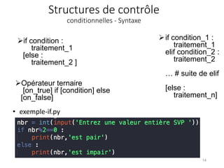 Structures de contrôle
conditionnelles - Syntaxe
Opérateur ternaire
[on_true] if [condition] else
[on_false]
14
if condition_1 :
traitement_1
elif condition_2 :
traitement_2
… # suite de elif
[else :
traitement_n]
• exemple-if.py
if condition :
traitement_1
[else :
traitement_2 ]
 