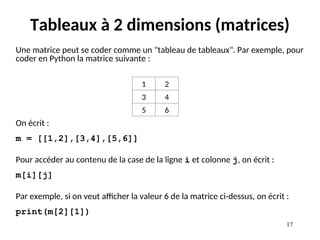 17
17
Tableaux à 2 dimensions (matrices)
Une matrice peut se coder comme un "tableau de tableaux". Par exemple, pour
coder en Python la matrice suivante :
On écrit :
m = [[1,2],[3,4],[5,6]]
Pour accéder au contenu de la case de la ligne i et colonne j, on écrit :
m[i][j]
Par exemple, si on veut afficher la valeur 6 de la matrice ci-dessus, on écrit :
print(m[2][1])
1 2
3 4
5 6
 