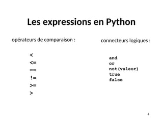 4
Les expressions en Python
opérateurs de comparaison :
<
<=
==
!=
>=
>
connecteurs logiques :
and
or
not(valeur)
true
false
 