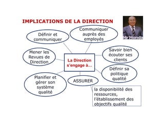IMPLICATIONS DE LA DIRECTION
Définir et
communiquer
Mener les
Revues de
Direction
Planifier et
gérer son
système
qualité
Définir sa
politique
qualité
Communiquer
auprès des
employés
Savoir bien
écouter ses
clients
La Direction
s’engage à…
la disponibilité des
ressources,
l’établissement des
objectifs qualité
ASSURER
 