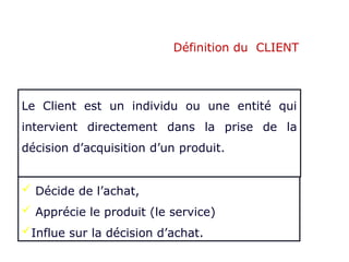 Le Client est celui qui :
 Décide de l’achat,
 Apprécie le produit (le service)
Influe sur la décision d’achat.
Le Client est un individu ou une entité qui
intervient directement dans la prise de la
décision d’acquisition d’un produit.
Définition du CLIENT
 