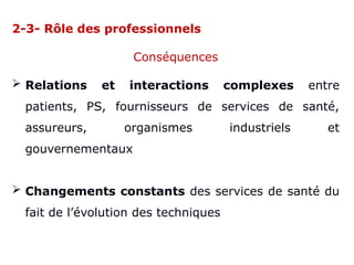 2-3- Rôle des professionnels
Conséquences
 Relations et interactions complexes entre
patients, PS, fournisseurs de services de santé,
assureurs, organismes industriels et
gouvernementaux
 Changements constants des services de santé du
fait de l’évolution des techniques
 