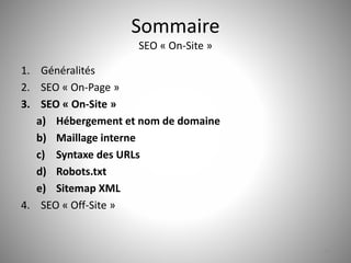 Sommaire 
SEO « On-Site » 
1. Généralités 
2. SEO « On-Page » 
3. SEO « On-Site » 
a) Hébergement et nom de domaine 
b) Maillage interne 
c) Syntaxe des URLs 
d) Robots.txt 
e) Sitemap XML 
4. SEO « Off-Site » 
23 
 
